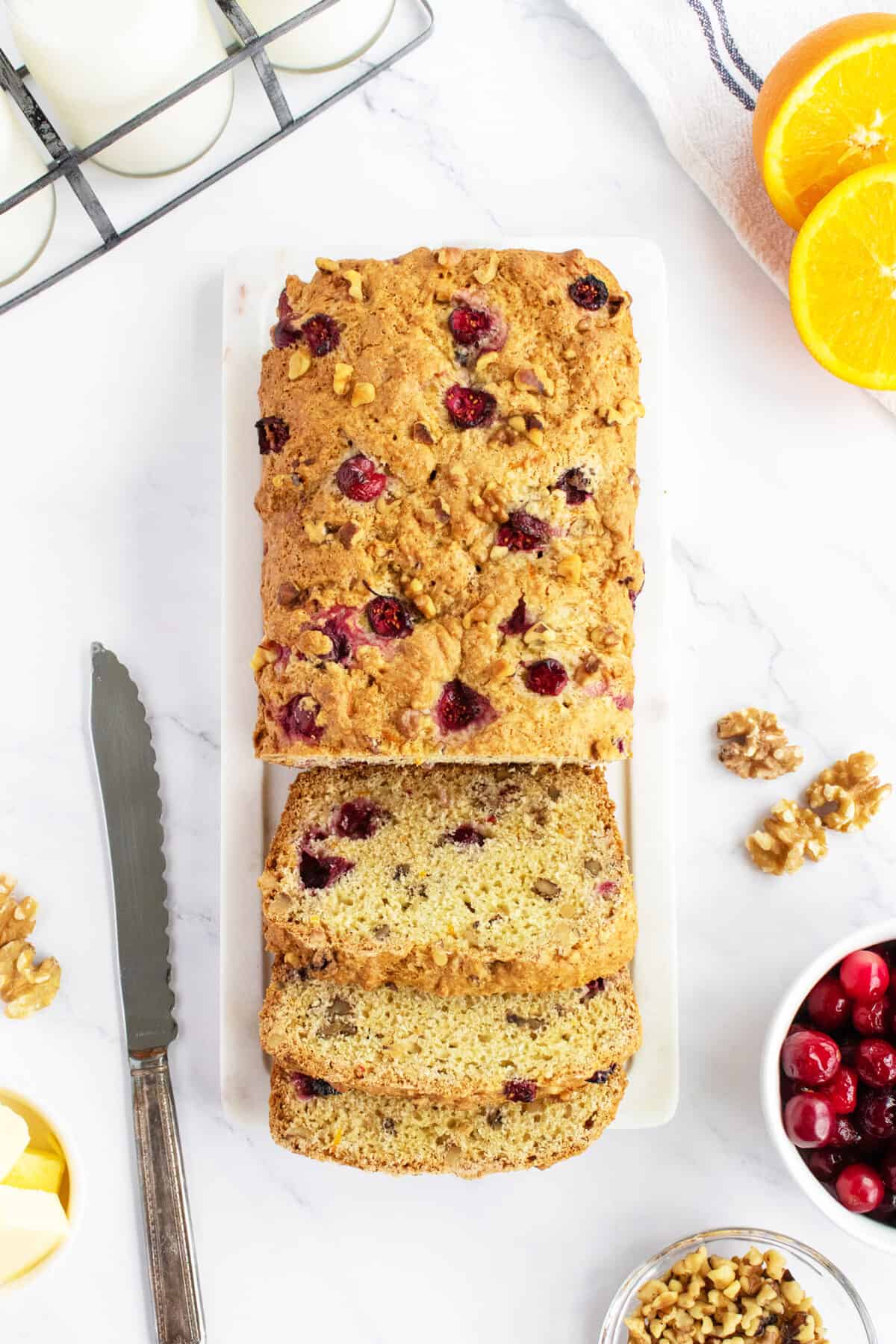 Cranberry nut bread sliced overhead view