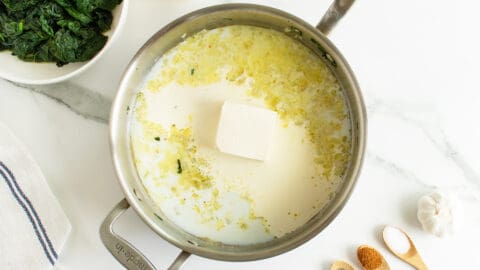 Creamed spinach cream in a saucepan