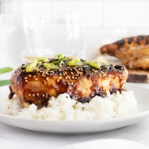 Grilled teriyaki chicken on a white plate with rice