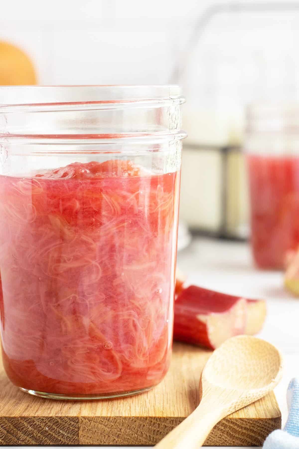 Rhubarb Sauce in a mason jar close up