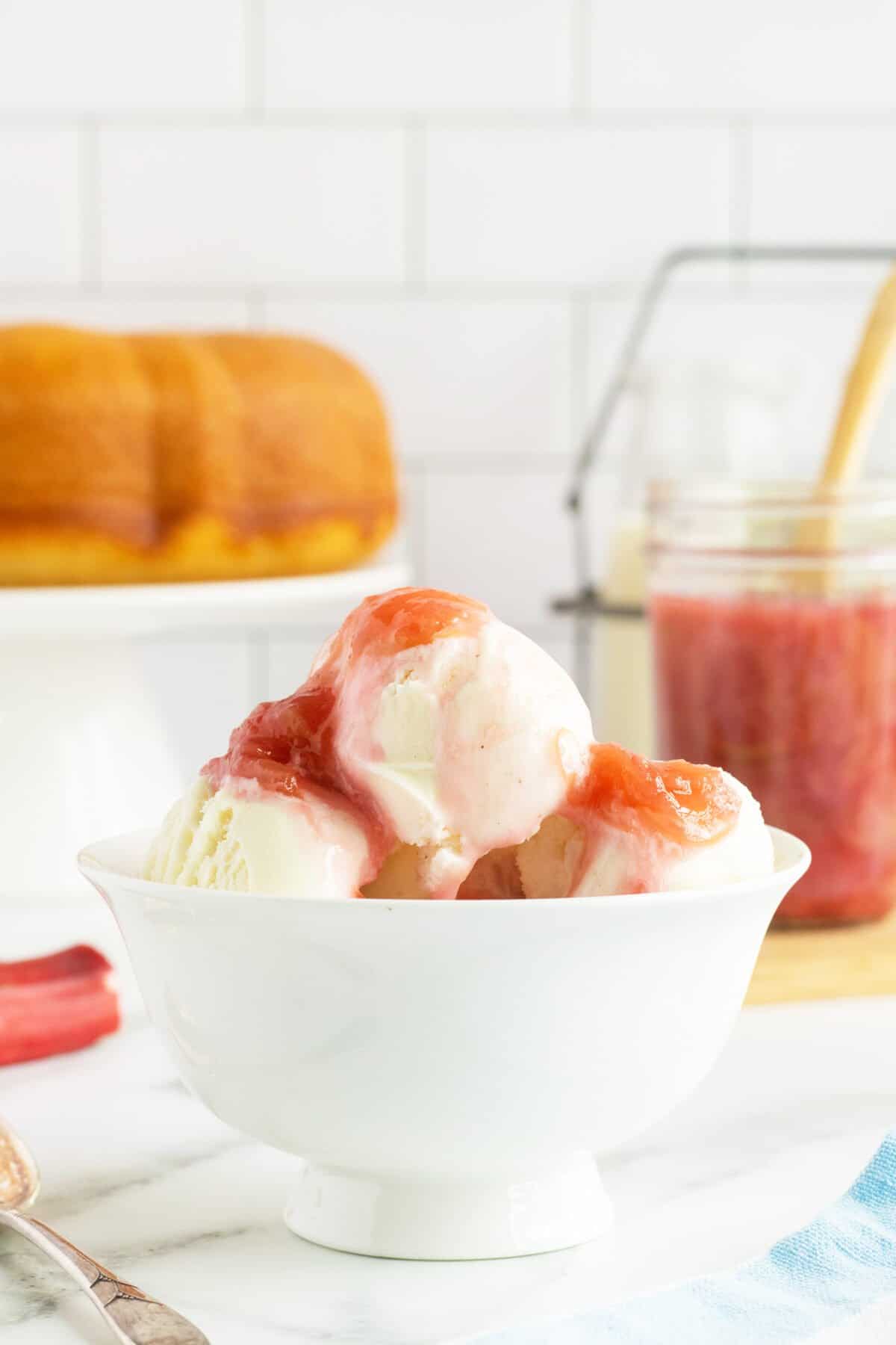 Rhubarb Sauce on vanilla ice cream
