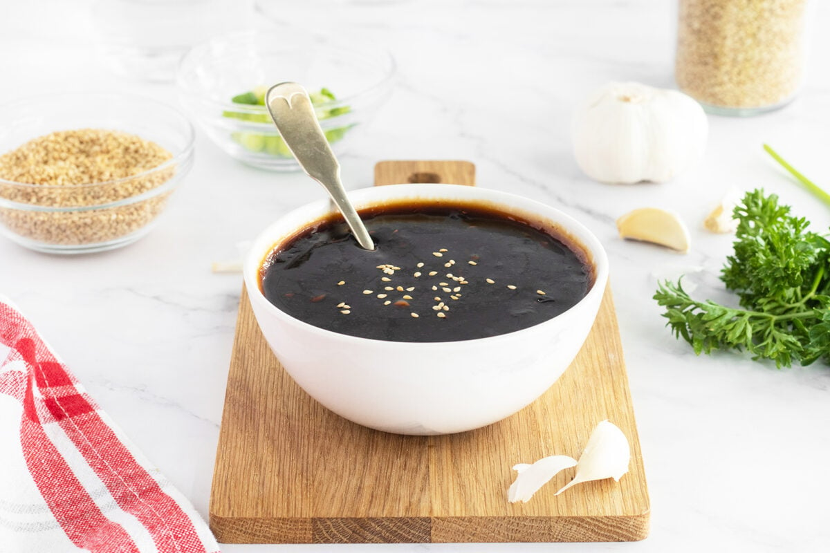 Homemade Teriyaki sauce in a white bowl 