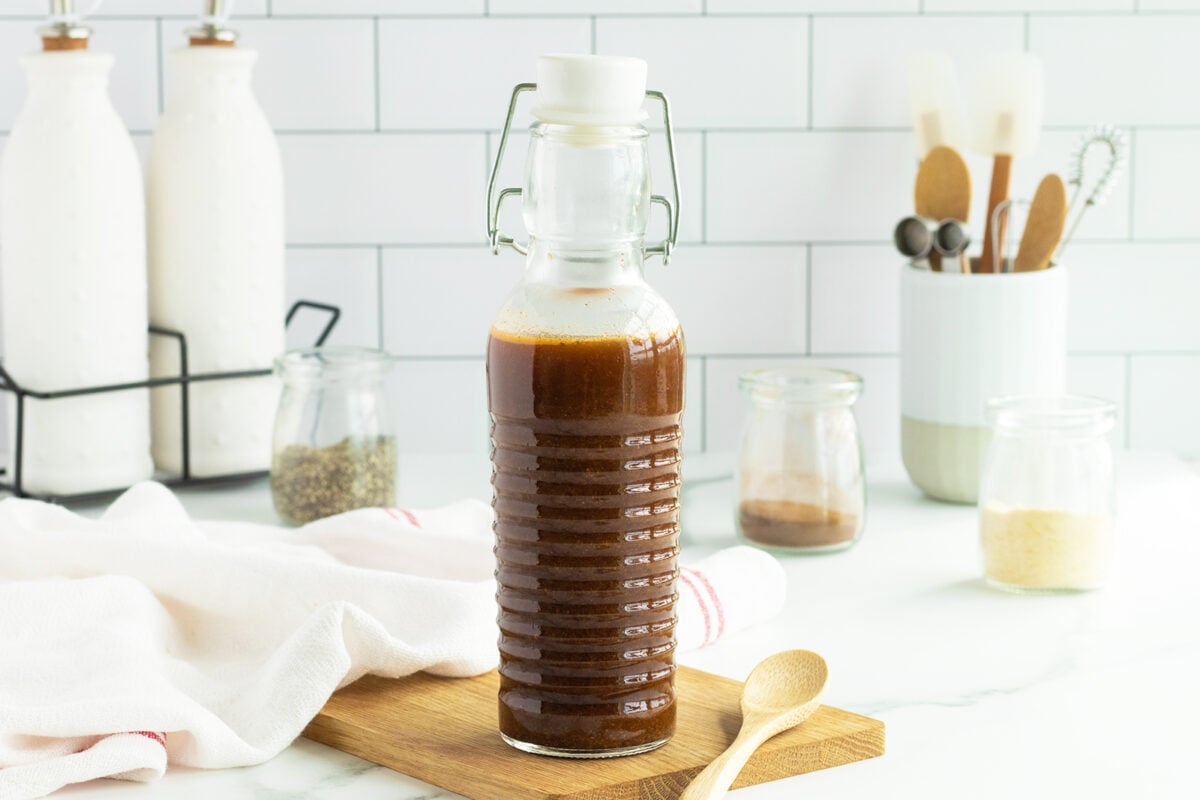 Homemade Worcestershire Sauce in a tall clear bottle
