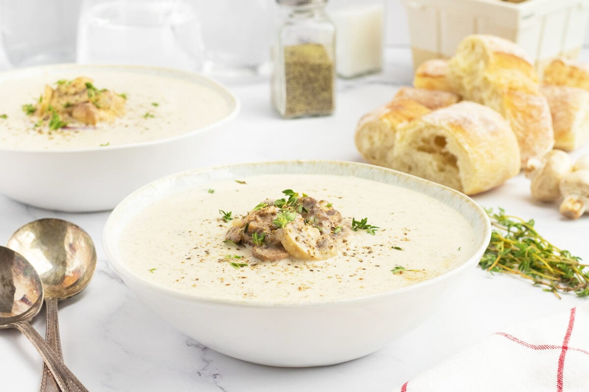 Mushroom Bisque in a white bowl