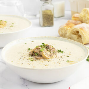Mushroom Bisque in a white bowl