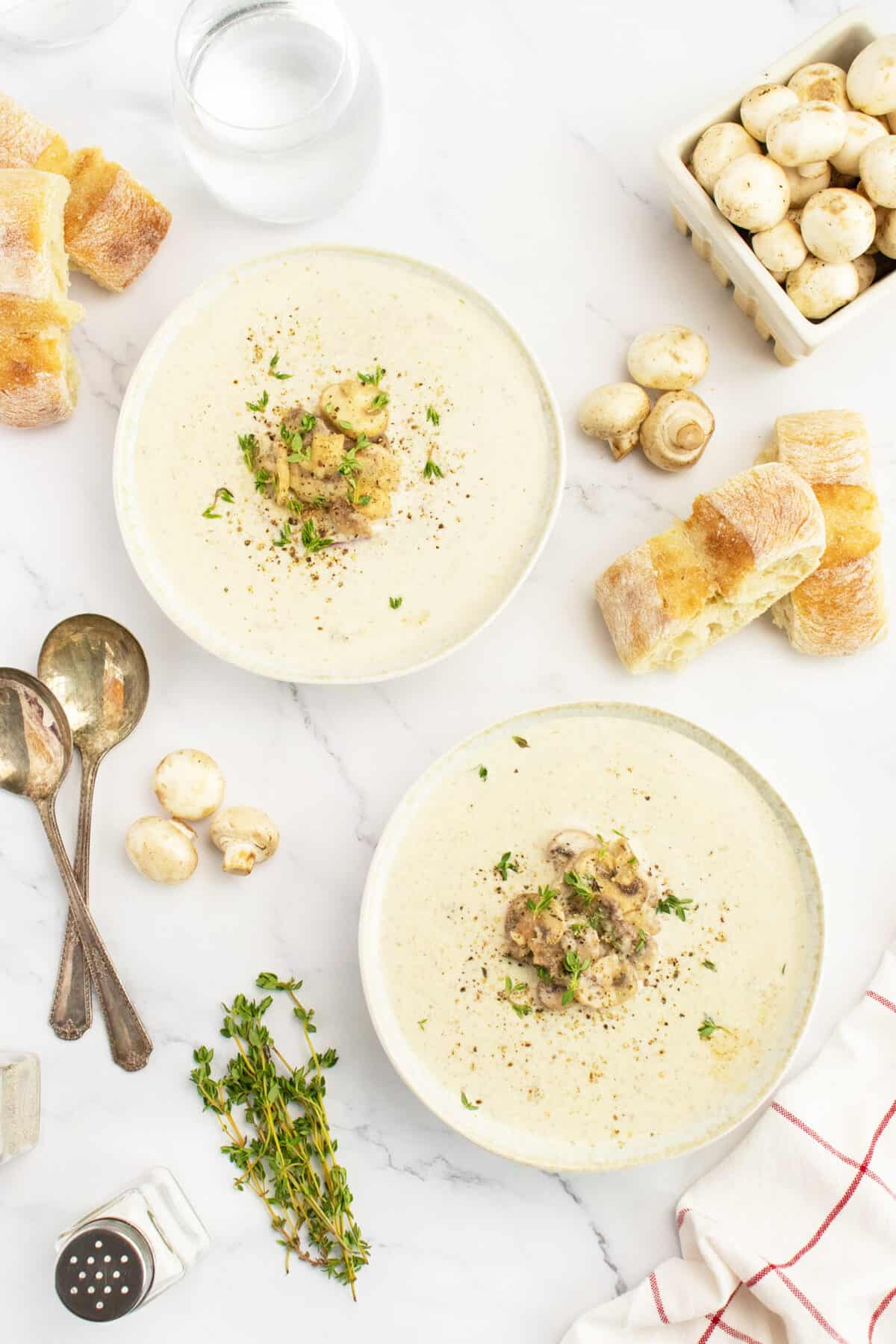 Mushroom Bisque in two white bowls
