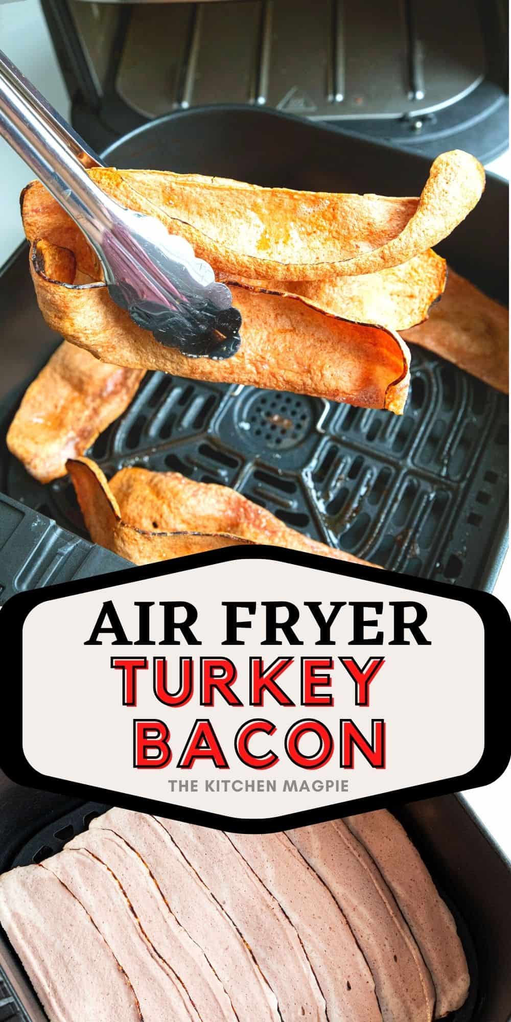 Turkey bacon done in the air fryer is the best way to make it! Fast and easy, this might just convert you into being a turkey bacon lover!