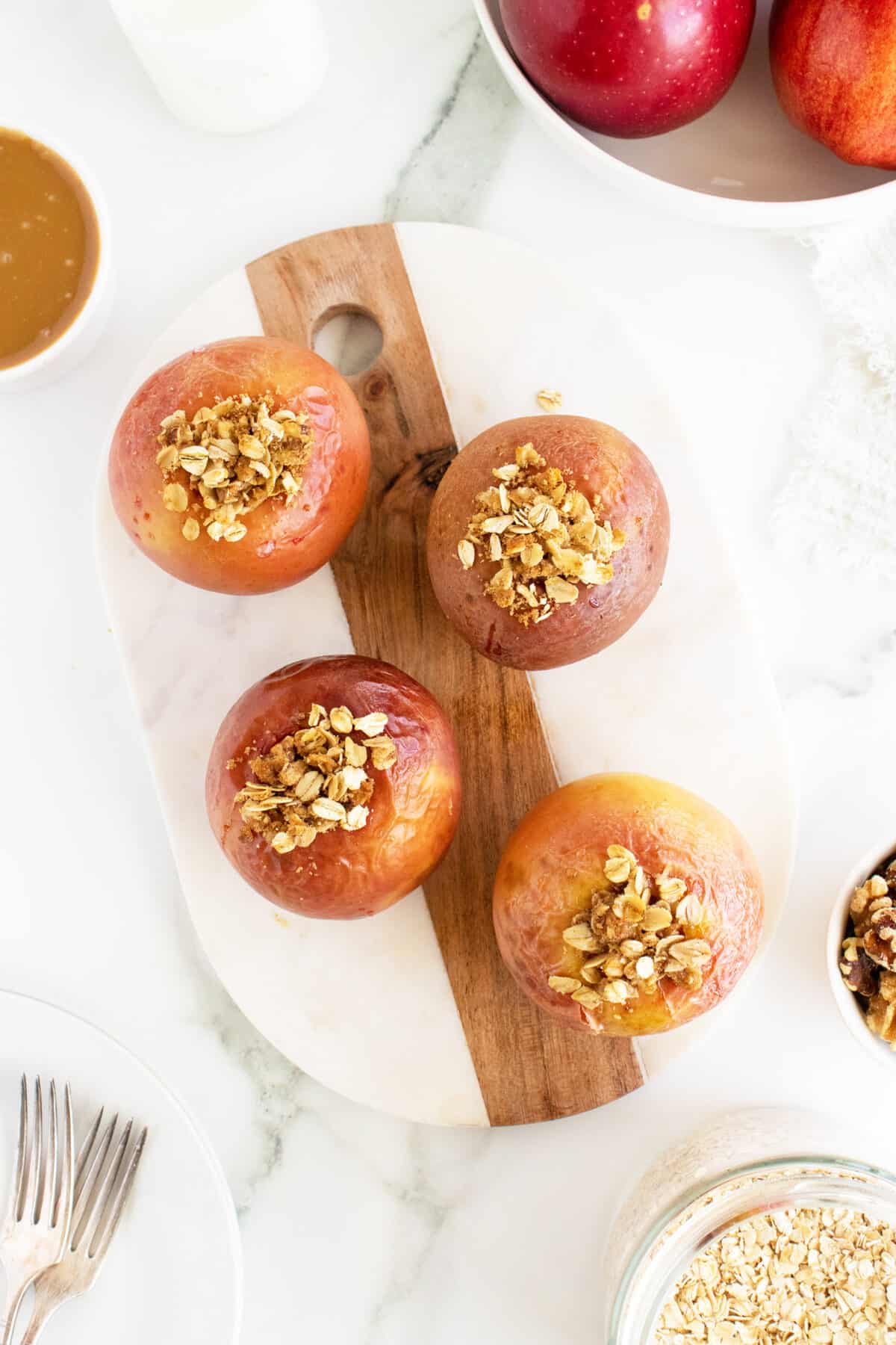 Baked apples on a cutting board