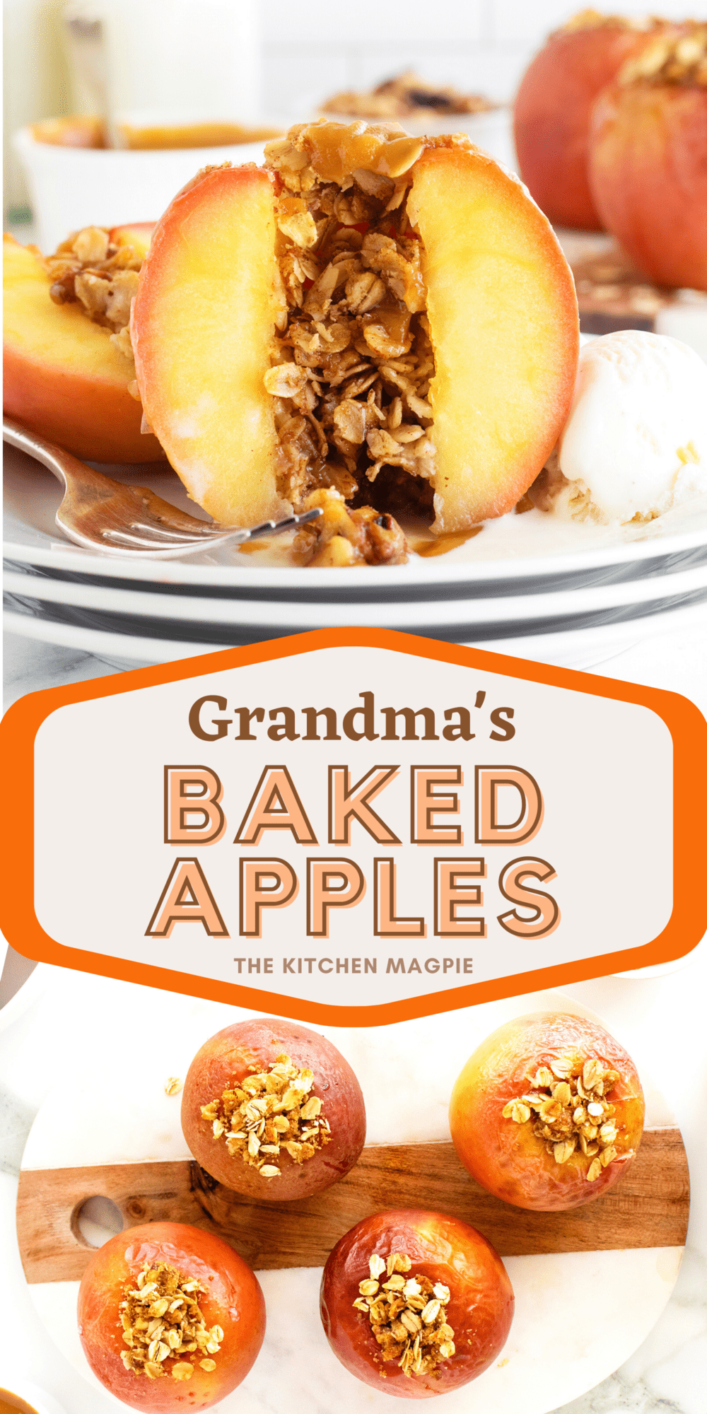 These baked apples are stuffed with a decadent sweet brown sugar, oats, and nut filling and then baked to tender perfection and topped with ice cream and caramel sauce!