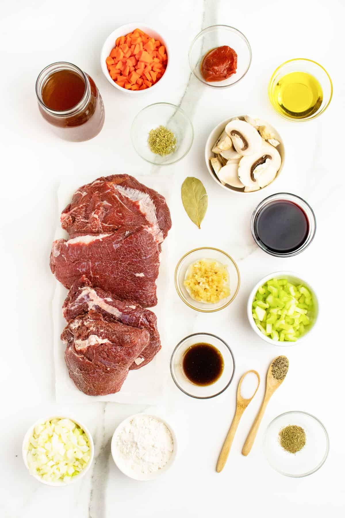 beef cheeks ingredients on a white countertop