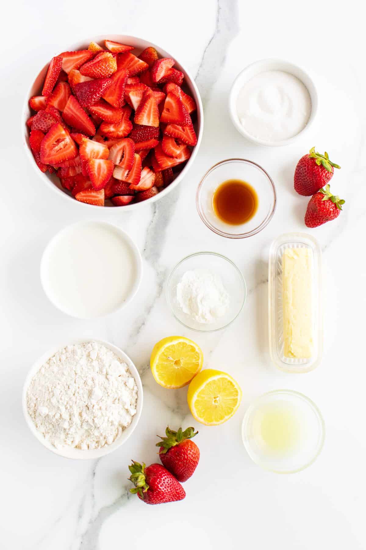 Strawberry Cobbler ingredients in small bowls