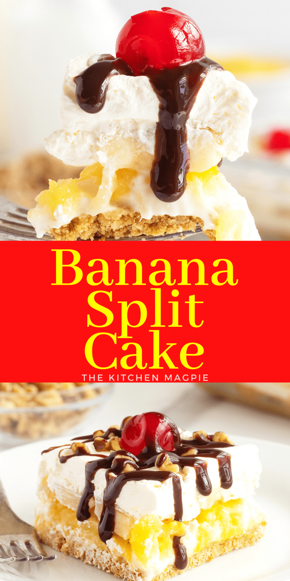 The famous banana split is one of the most well known desserts for a great reason. This perfect dessert combination is perhaps even better when made as a cake as well!