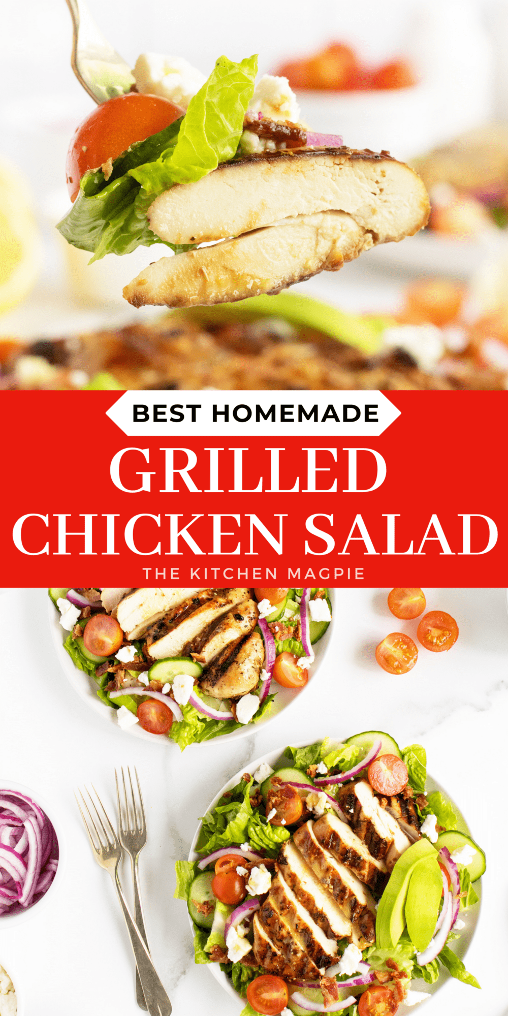 This grilled chicken salad is bursting with fresh summertime flavors, as well as some simple yet intensely flavored grilled chicken.