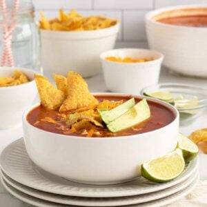 Chicken tortilla soup in a white bowl