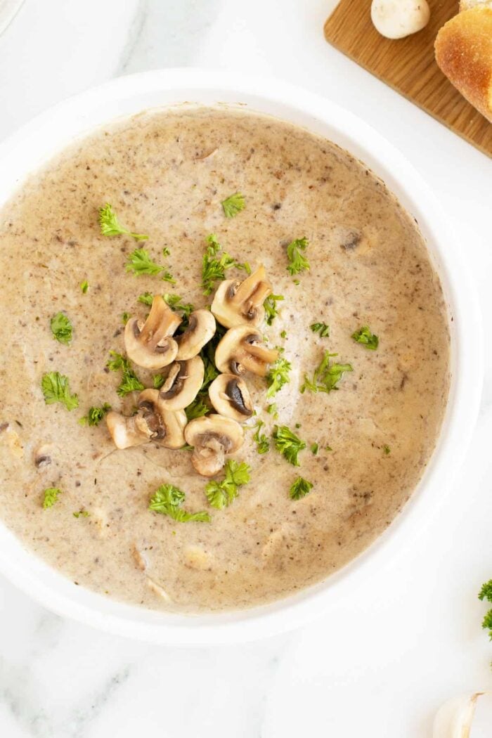 cream of mushroom soup in a white bowl
