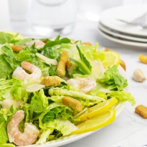 Shrimp Caesar Salad closeup on a plate