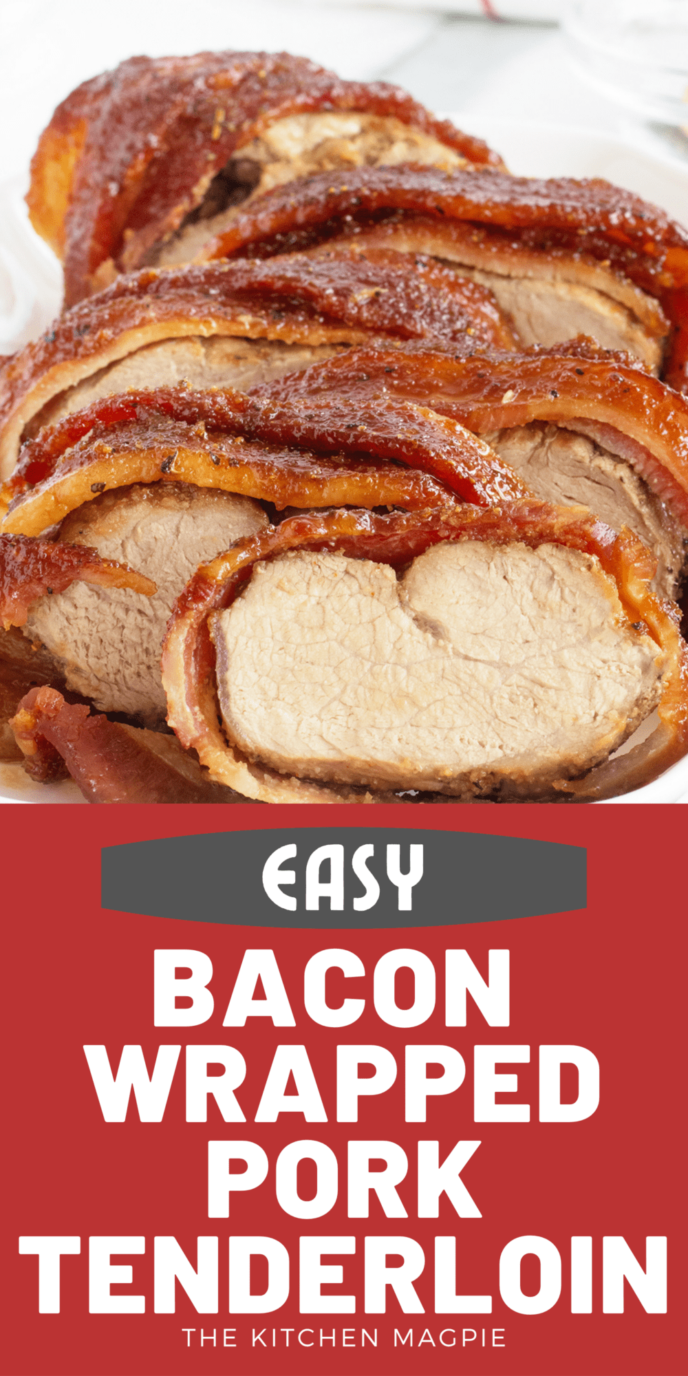 Pork tenderloin is wrapped in bacon, coated with an easy but delicious garlic brown sugar sauce then roasted to perfection, with bacon that's crispy on the outside and juicy pork tenderloin on the inside!