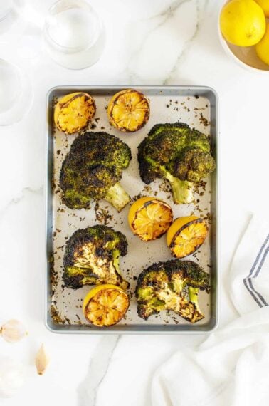 grilled broccoli on a sheet pan