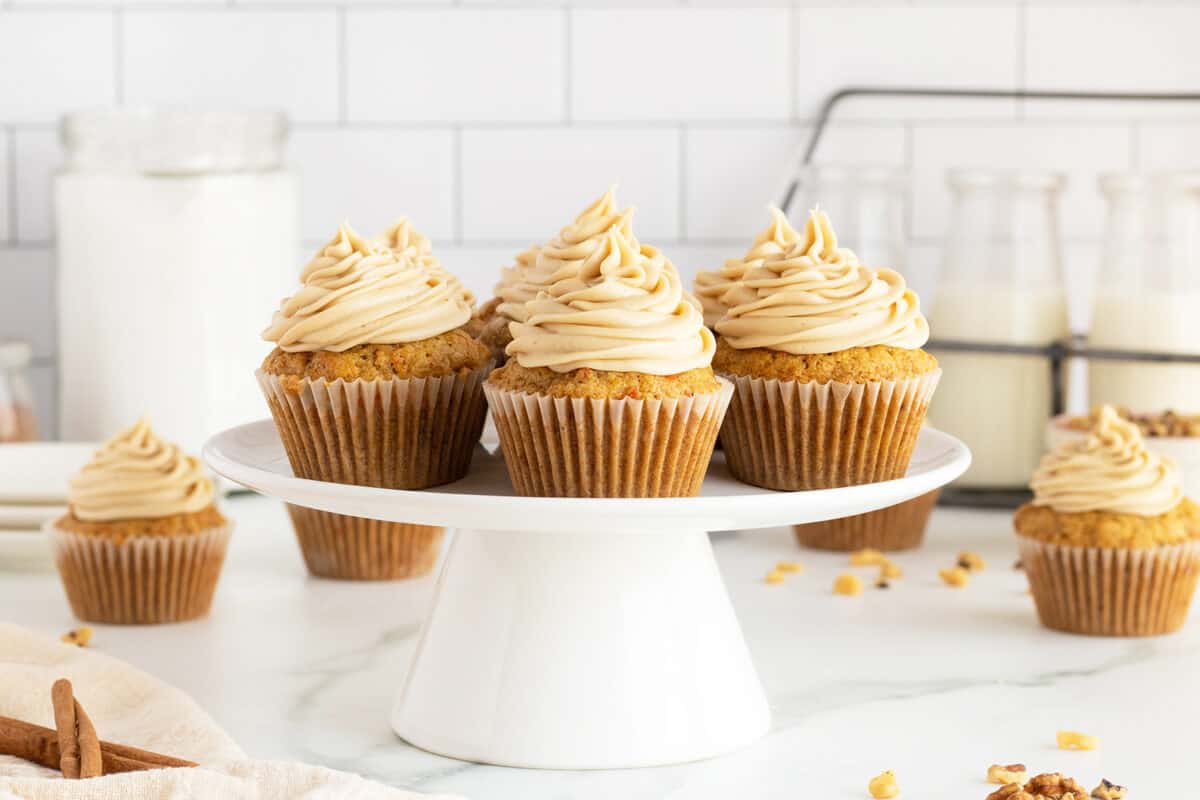 Carrot cake muffins on a cake stand