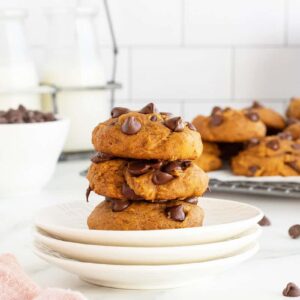 Pumpkin chocolate chip cookies stacked up