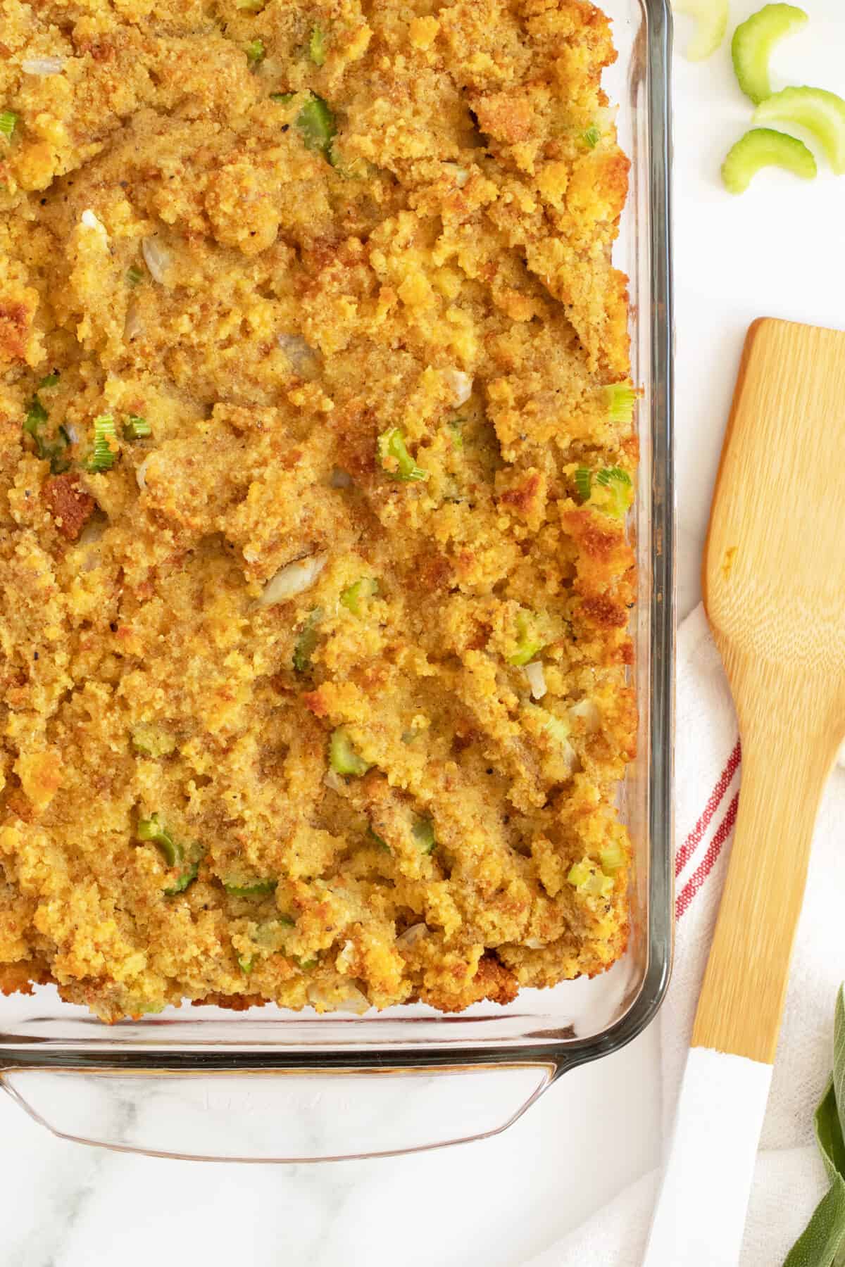 cornbread dressing closeup in a pan