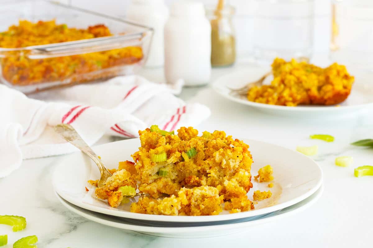 Classic cornbread dressing baked with herbs and broth.