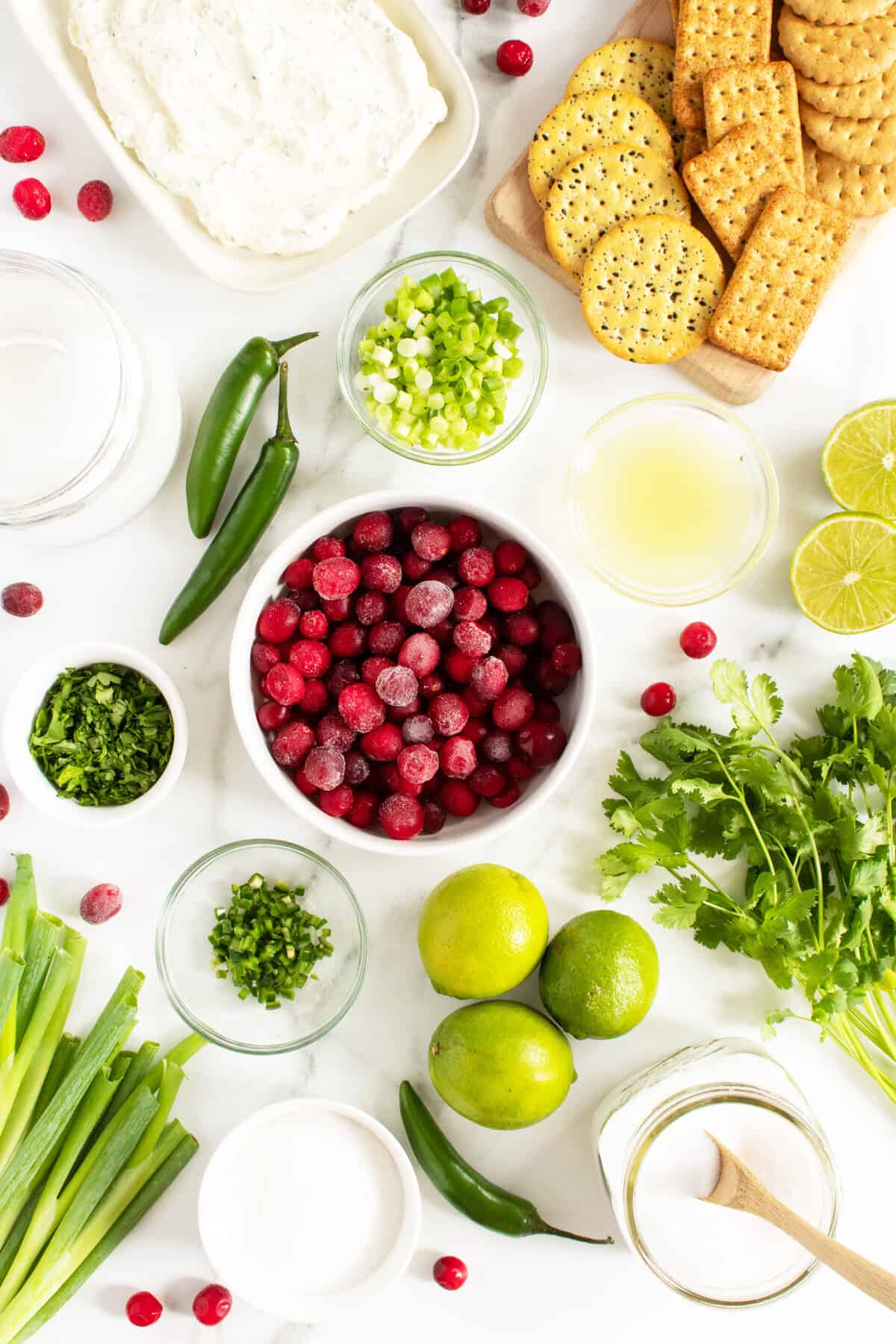 cranberry jalapeno dip ingredients in small clear bowls