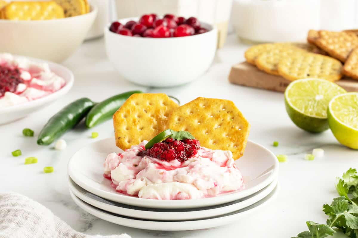 cranberry jalapeno dip on cream cheese with crackers