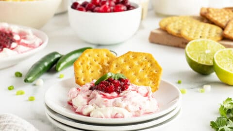 cranberry jalapeno dip on cream cheese with crackers