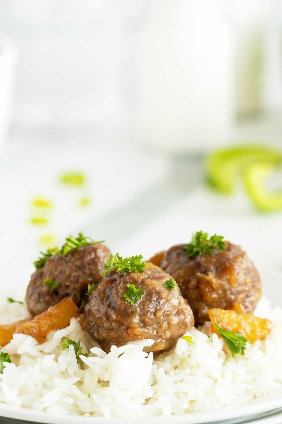 Hawaiian meatballs on a bed of white rice
