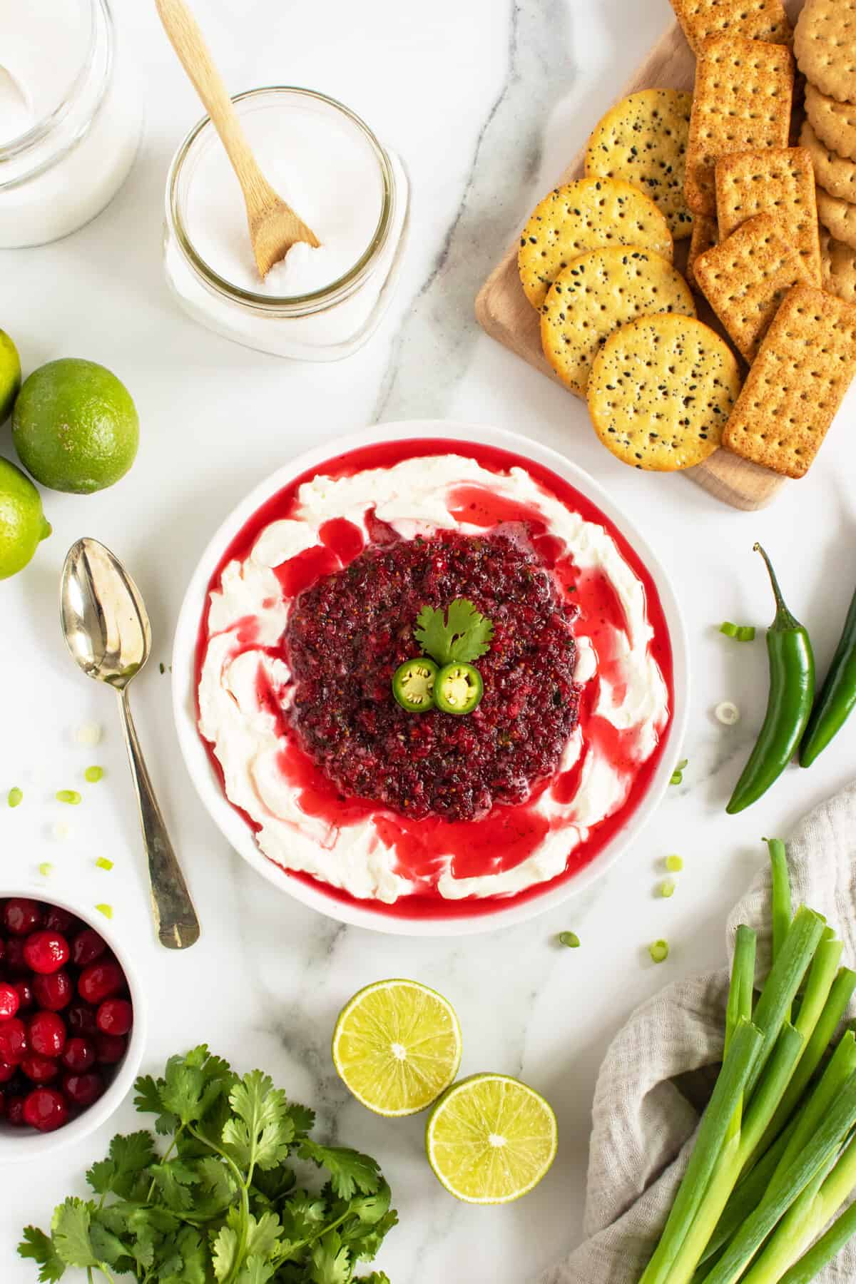 cranberry jalapeno dip overhead view on a plate with ingredients around
