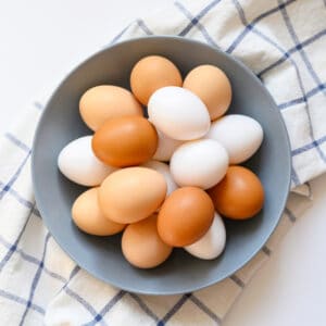 blue bowl with white and brown eggs inside