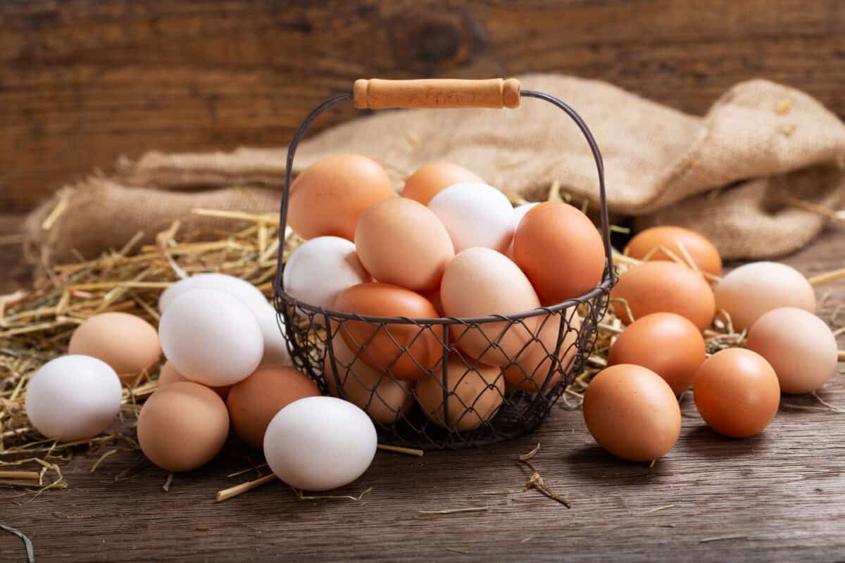 basket of colorful fresh eggs on wooden background