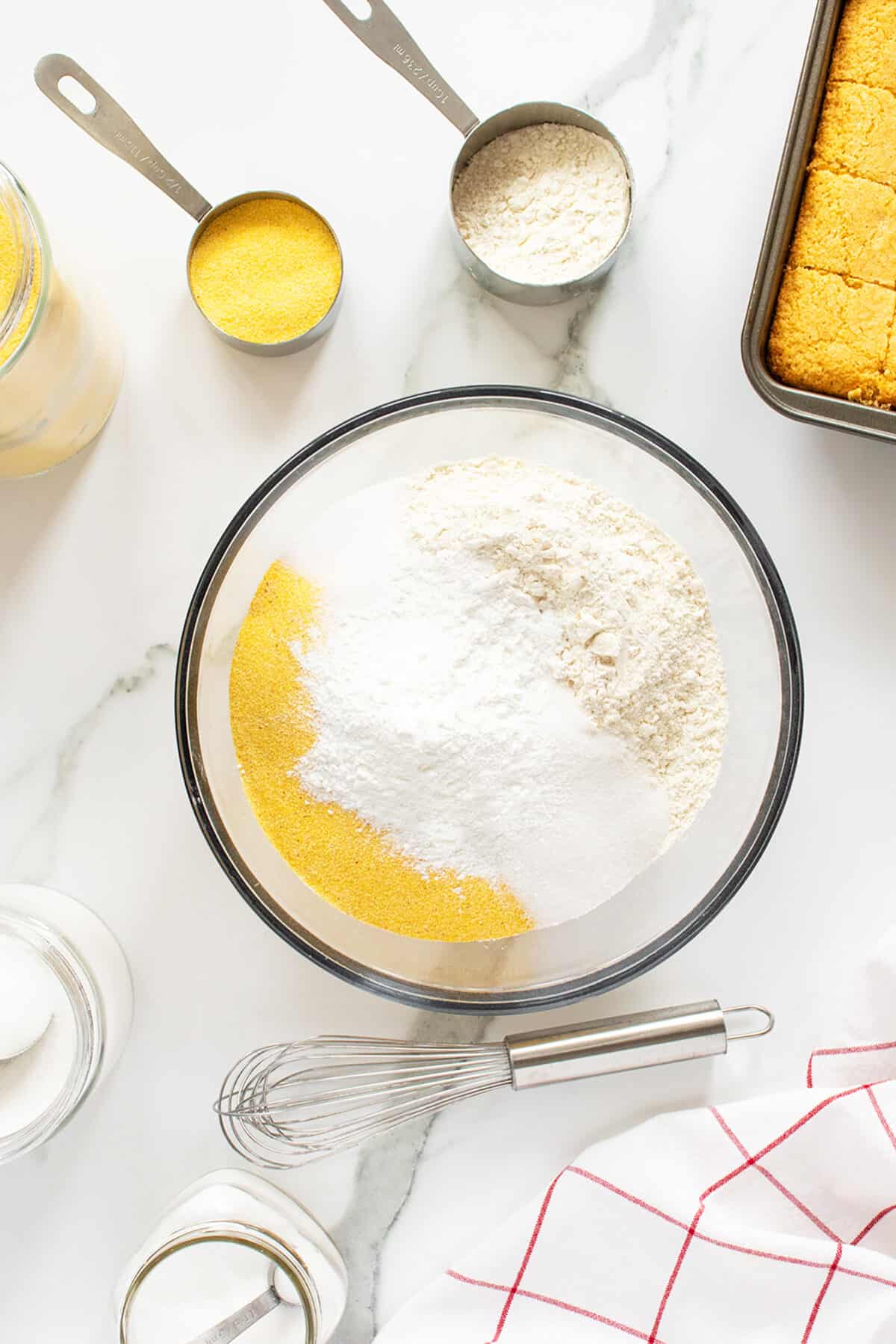 homemade cornbread mix dry ingredients in bowl unstirred