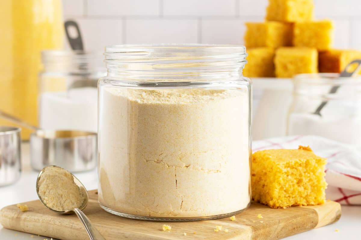 homemade cornbread mix in a glass container