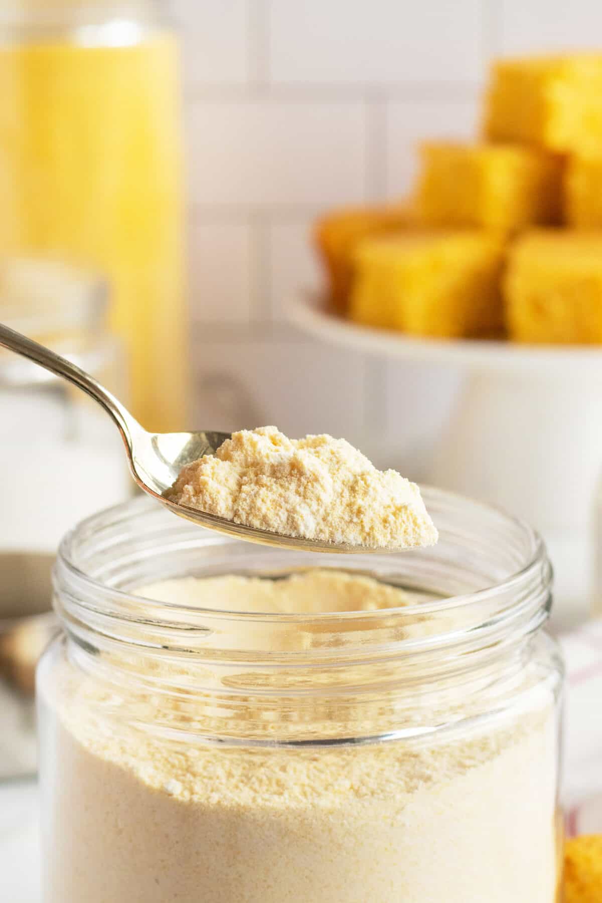 homemade cornbread mix on a spoon