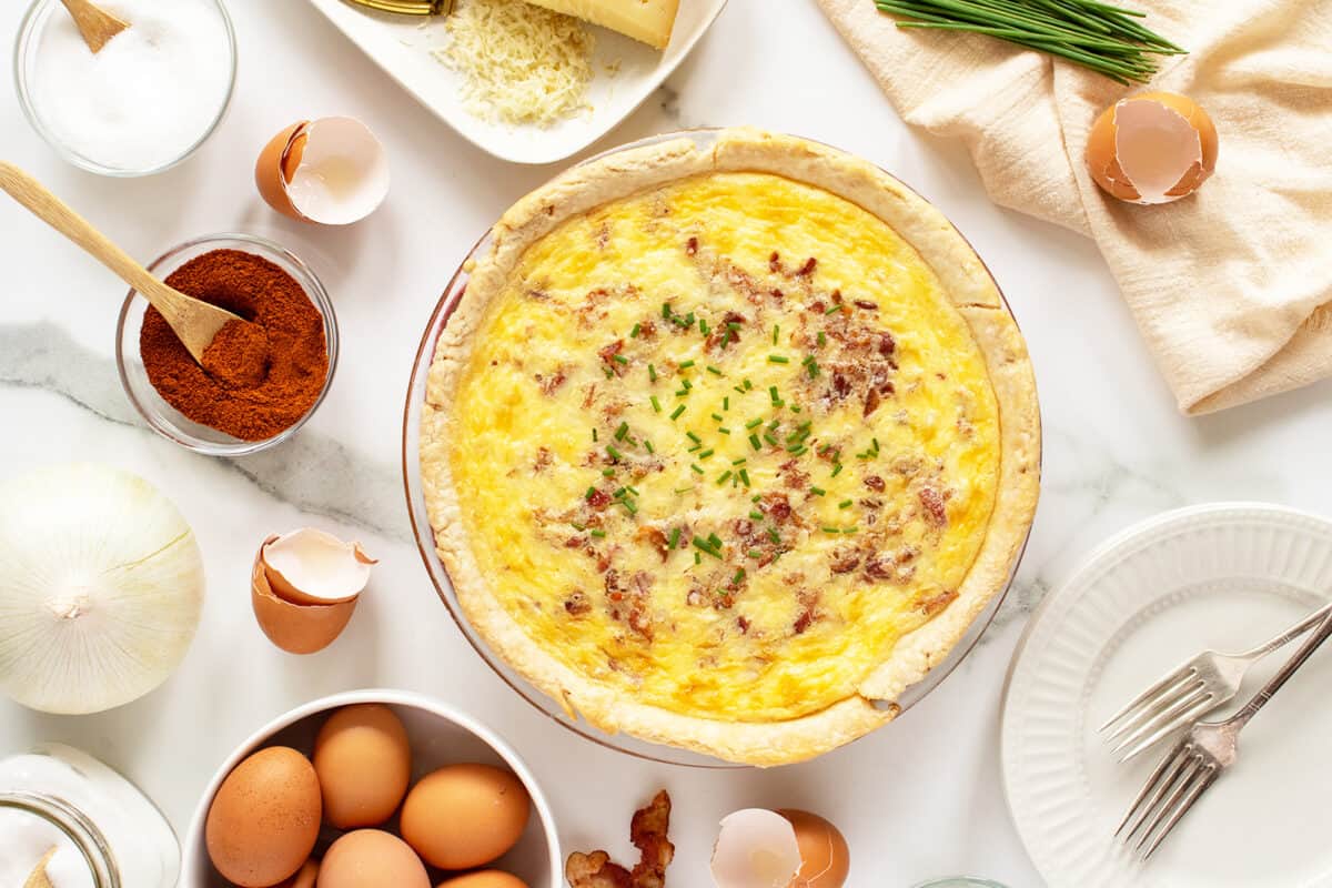 quiche lorraine cooked overhead view