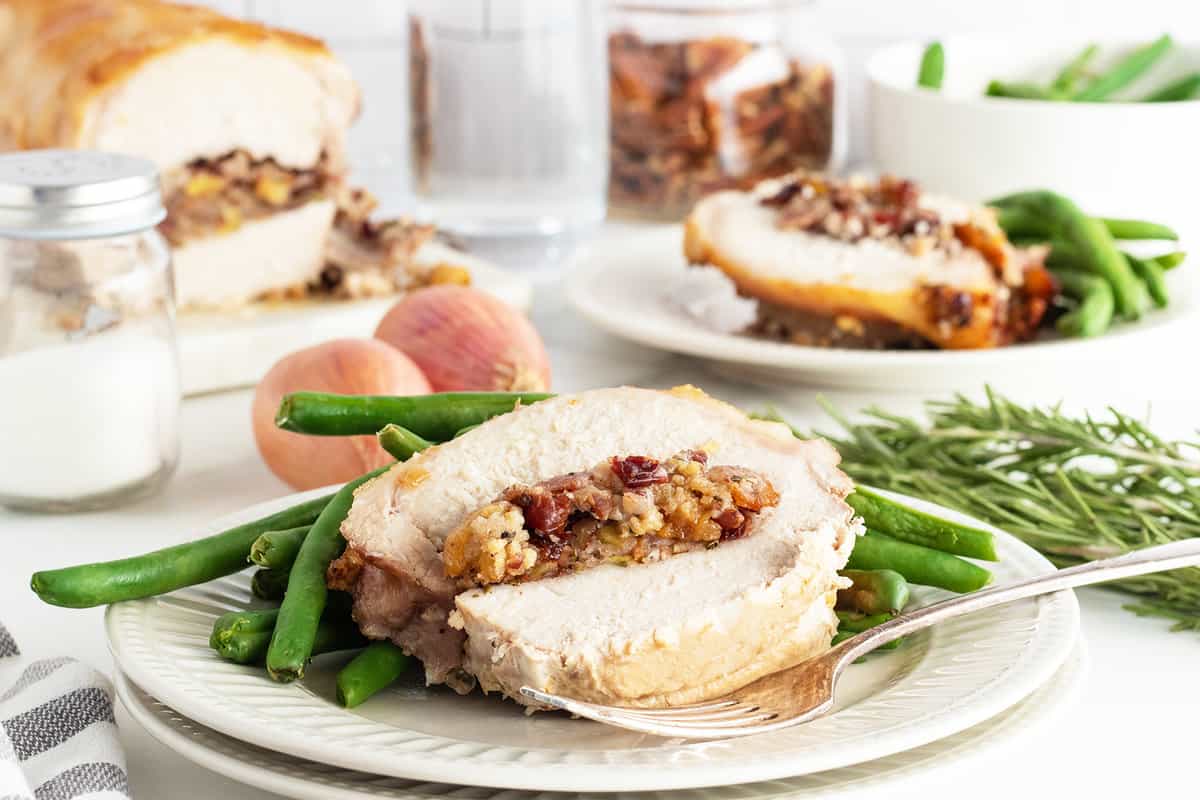 Juicy pork loin filled with flavorful stuffing and baked to perfection.