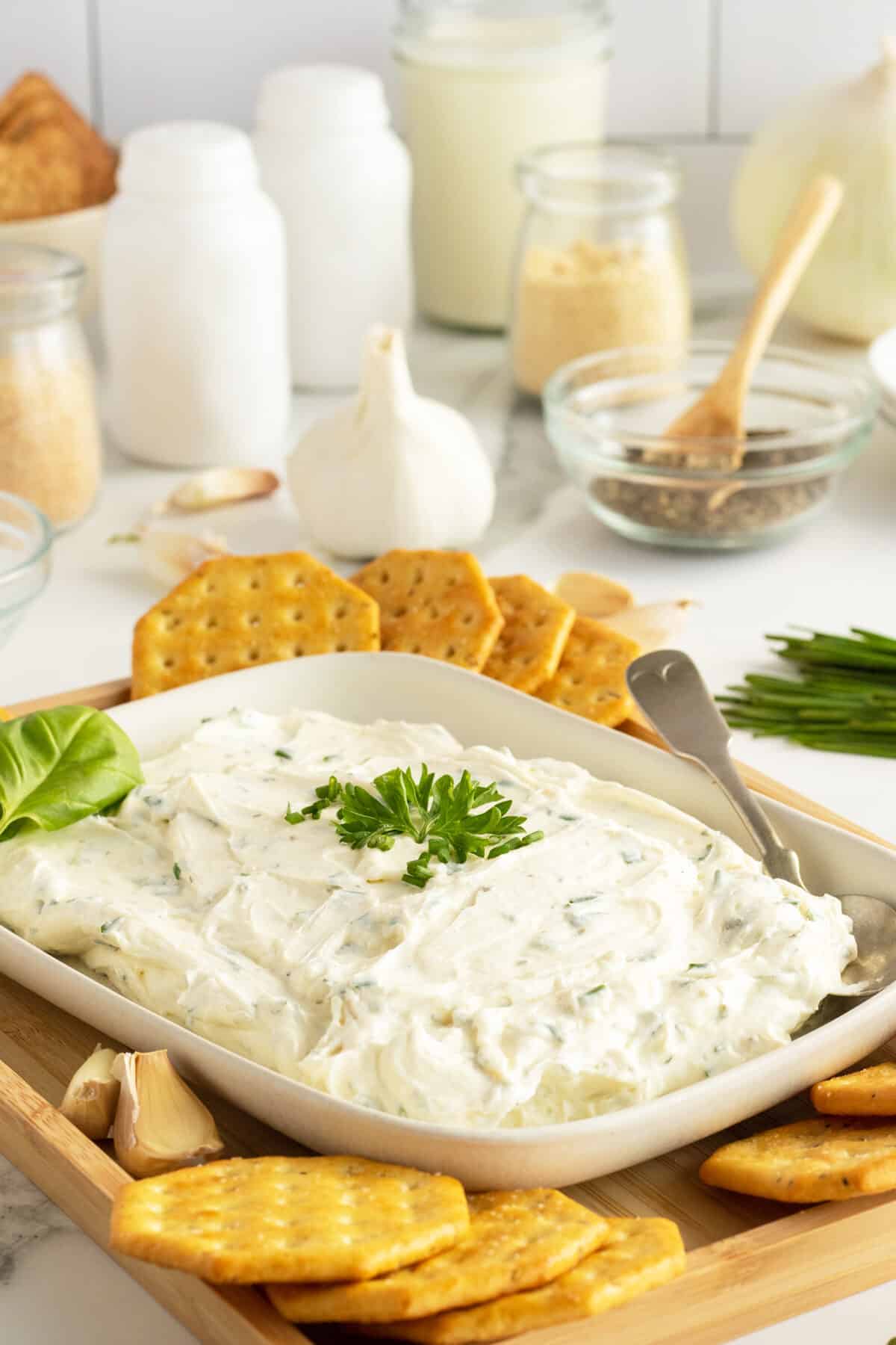 whipped cream cheese dip in a platter