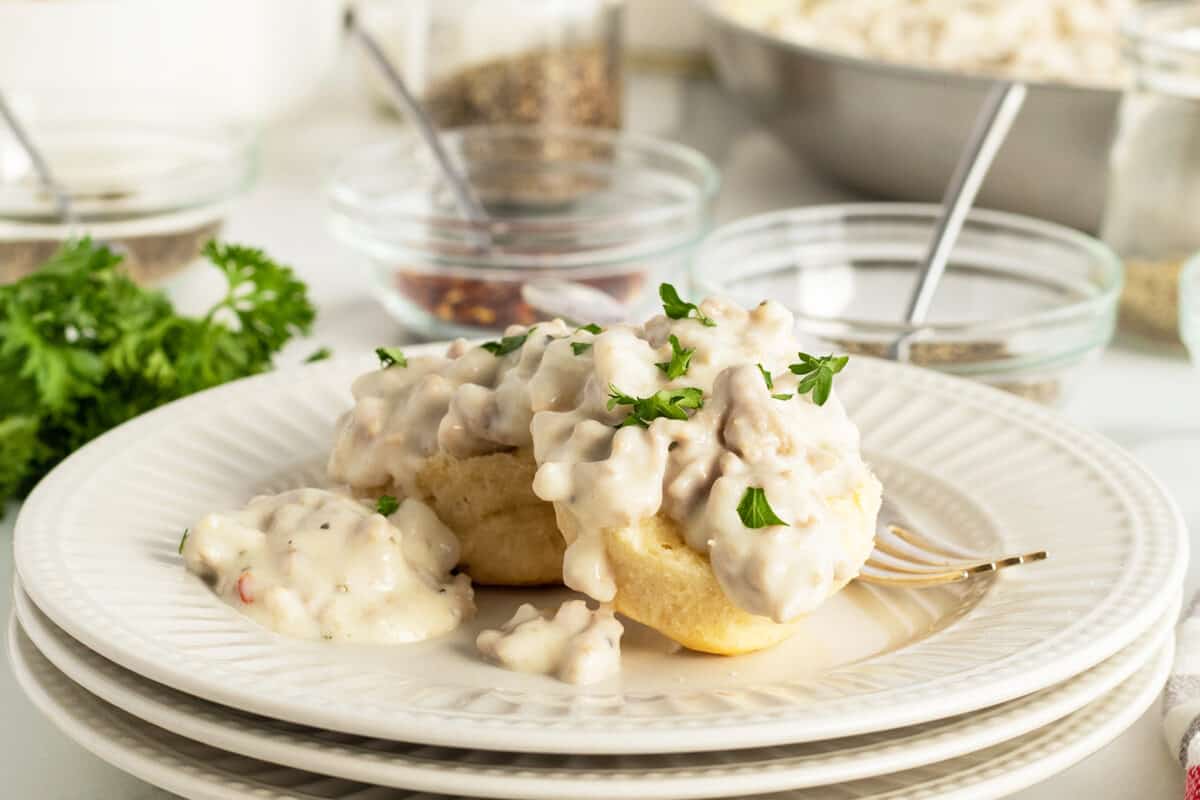 biscuits & gravy on a white plate