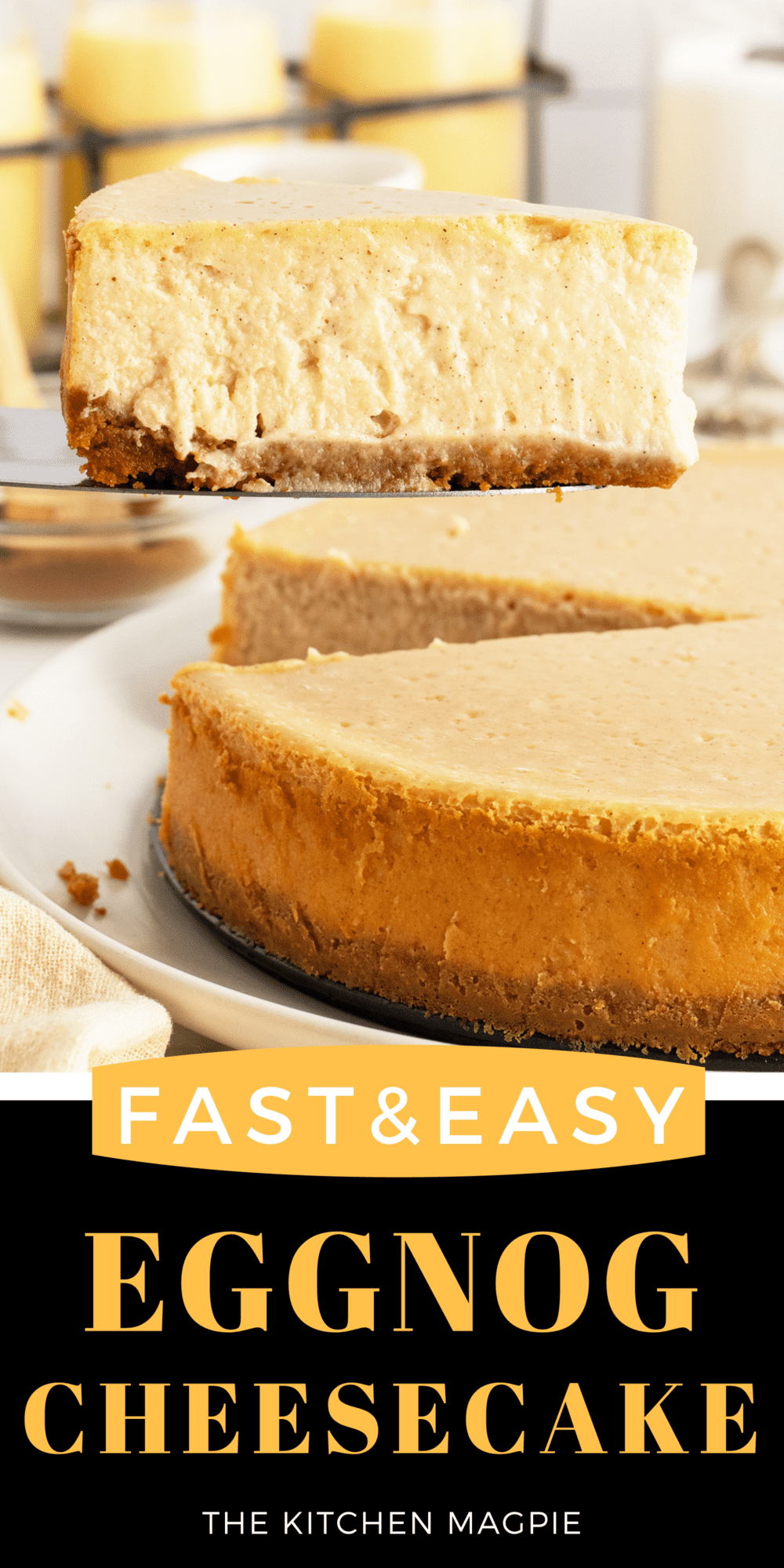 A cheesecake with eggnog flavor is the ultimate treat dessert, packed with spices and a great crumbly crust.