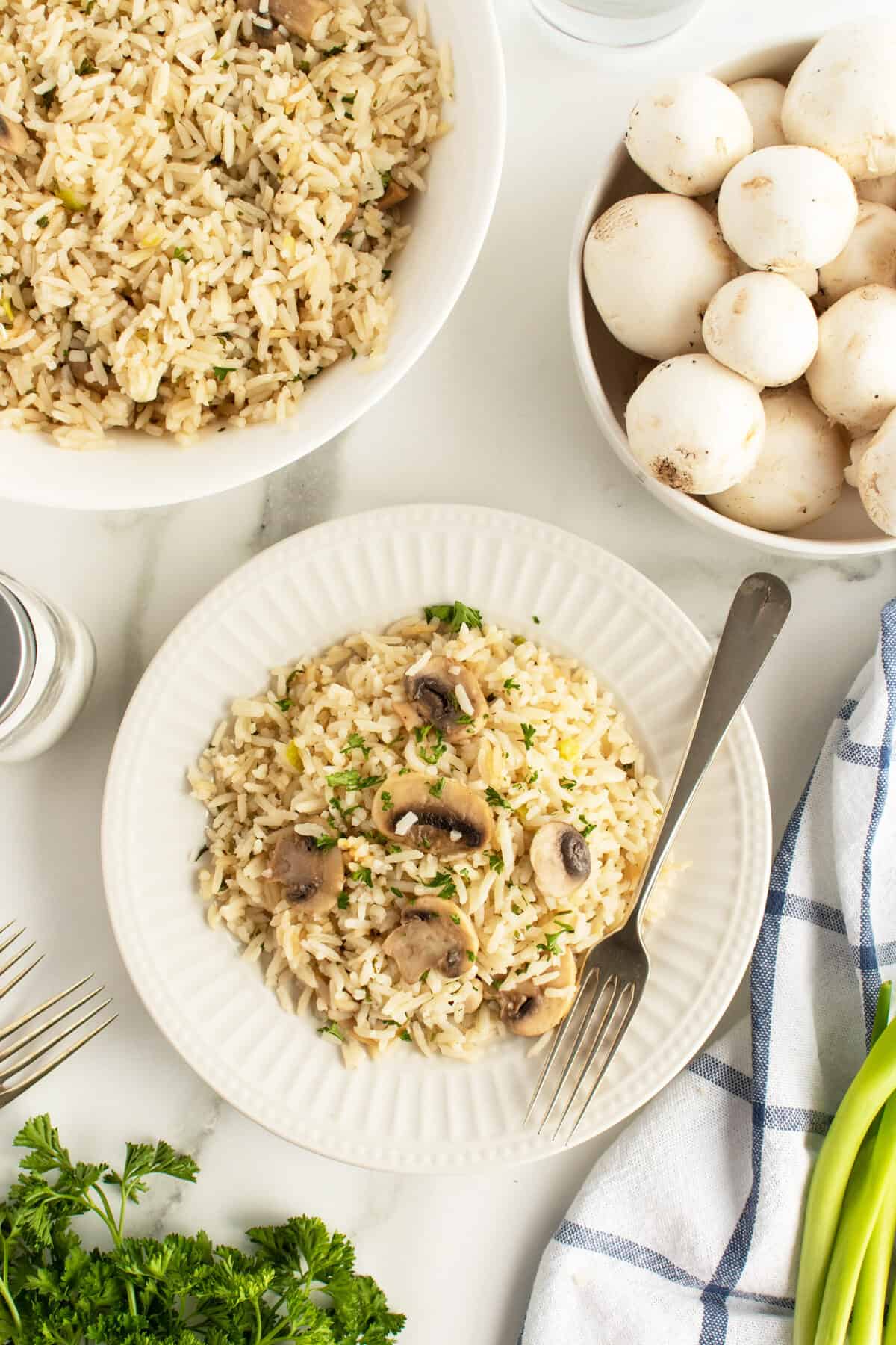 mushroom rice overhead view on a plate with a fork
