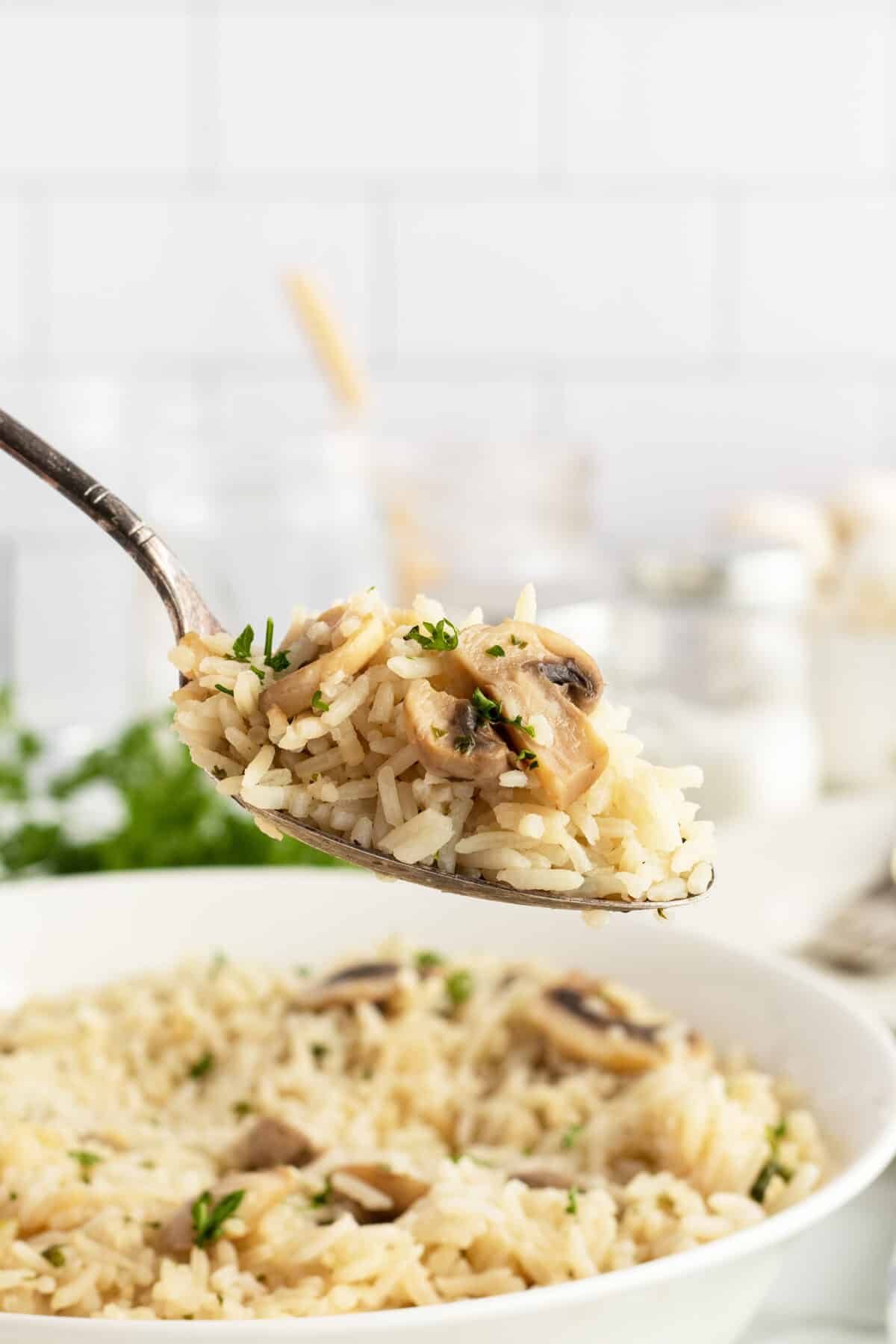 mushroom rice on a spoon