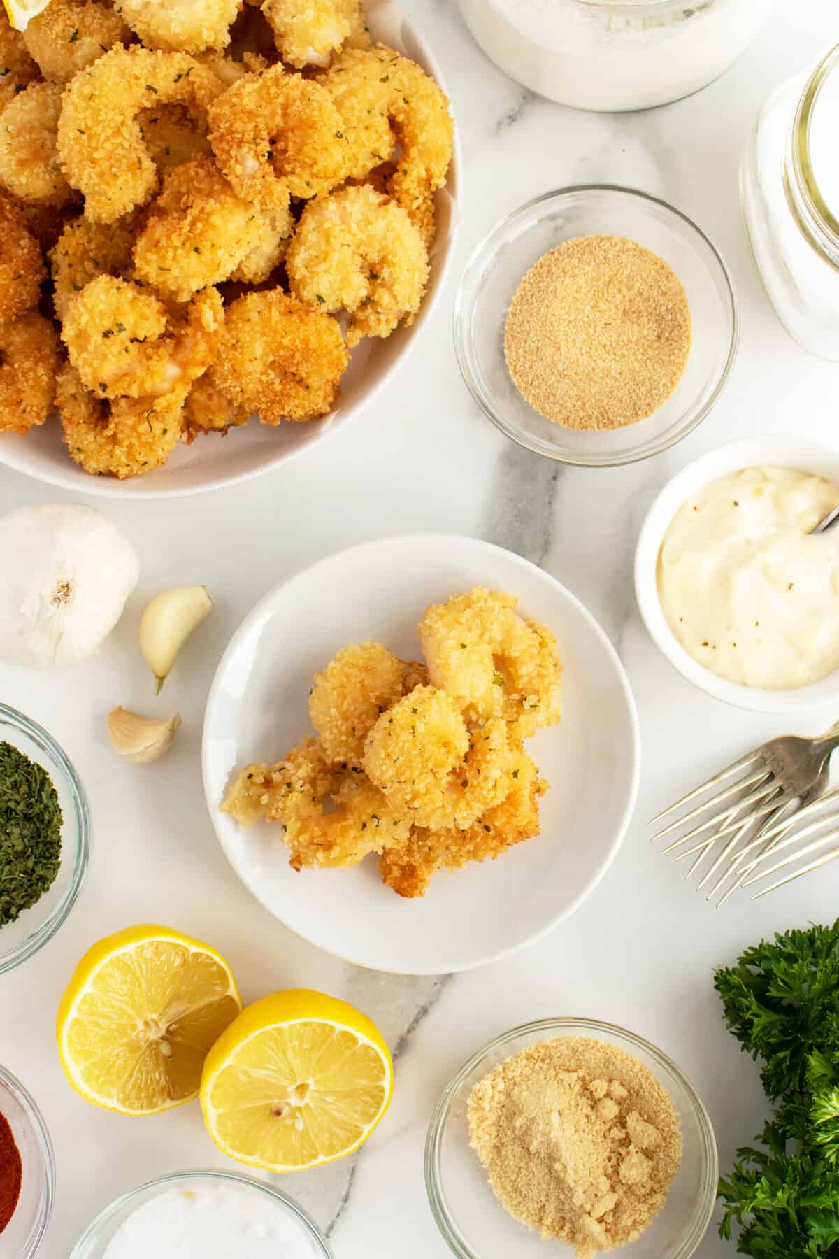  Popcorn Shrimpin a large bowl and on a plate