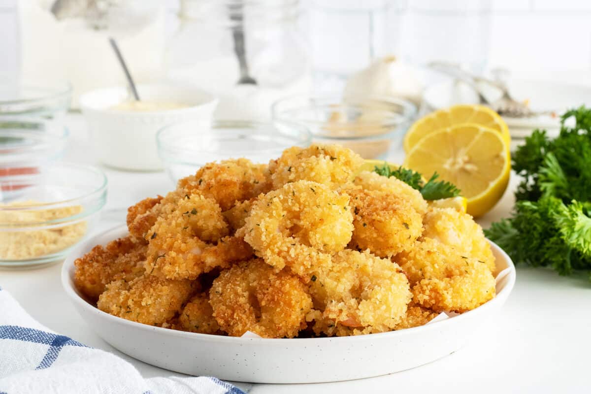  Popcorn Shrimp on a white plate