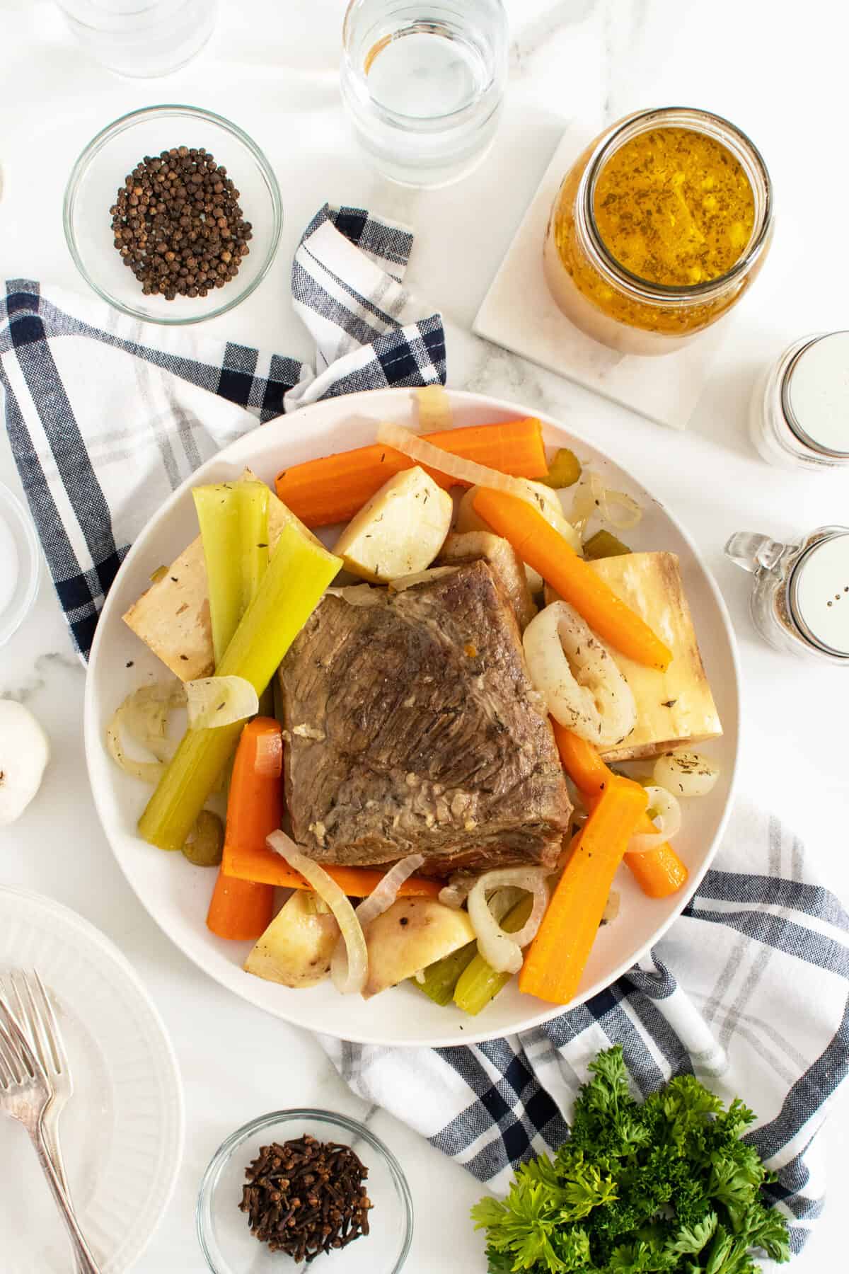 pot au feu overhead view of roast and vegetables on a plate