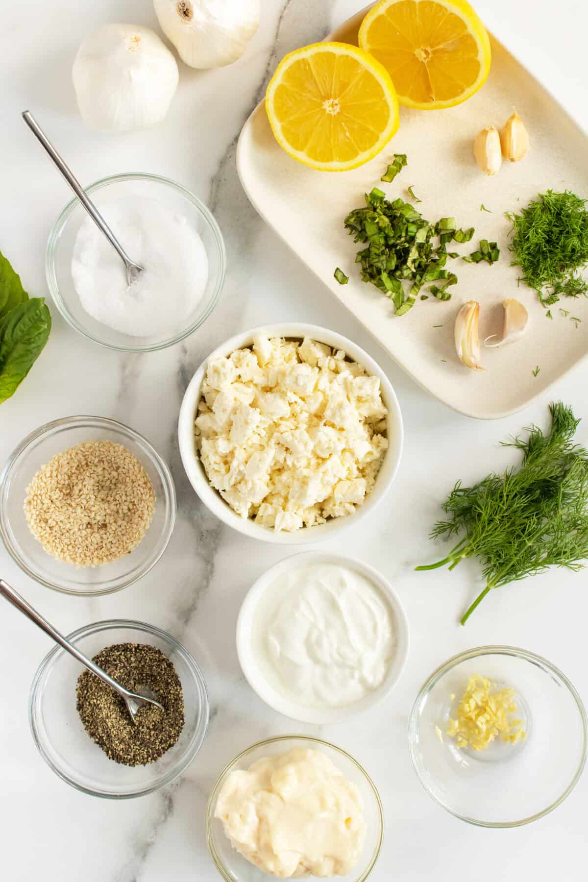 Whipped Feta Dip ungredients in small bowls