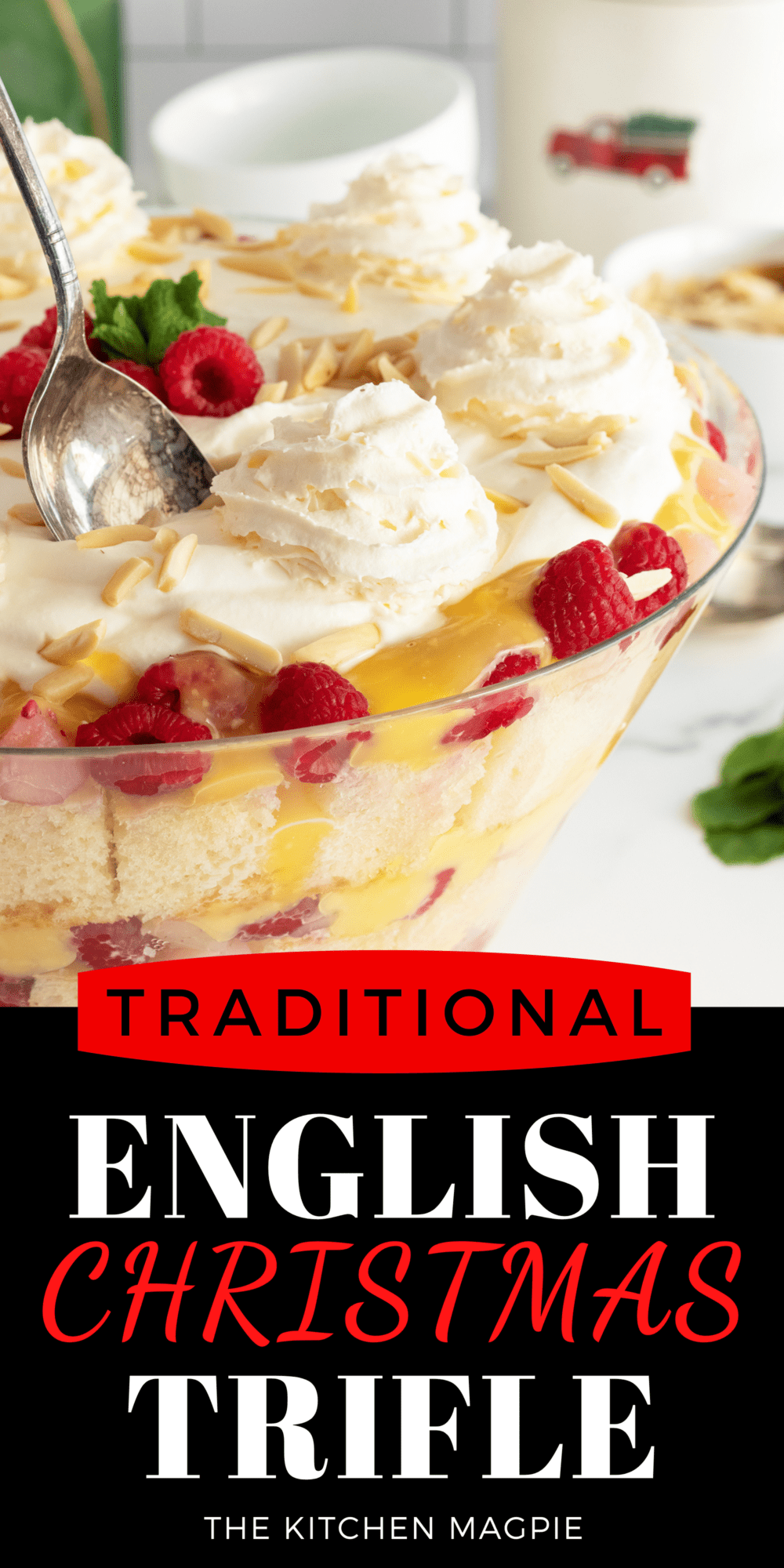 Filled with fruit, white cake and amaretto, custard and whipped cream, English trifle is surprisingly easy to make, it looks amazing when presented at a big dinner.