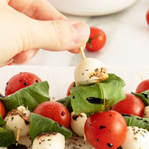caprese skewers with balsamic drizzle closeup