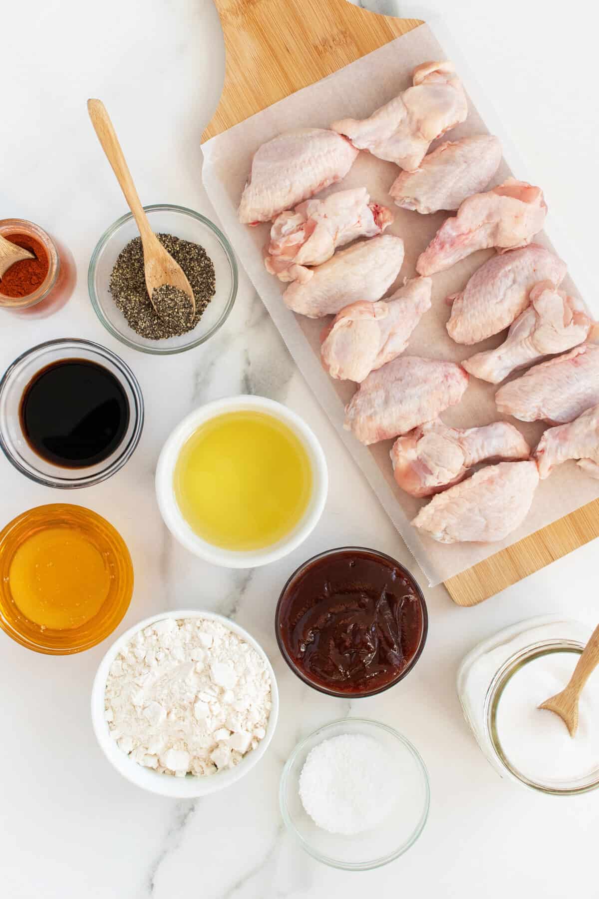 Honey BBQ wings ingredients in small white bowls